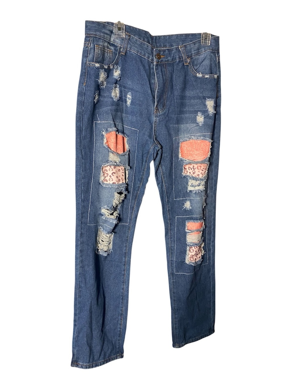 Blue Distressed Denim Jeans with Orange & Leopard Patchwork